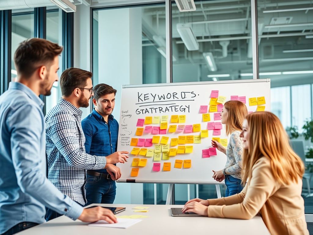 O echipă colaborează la o strategie, utilizând note adezive pe un panou într-un birou modern.