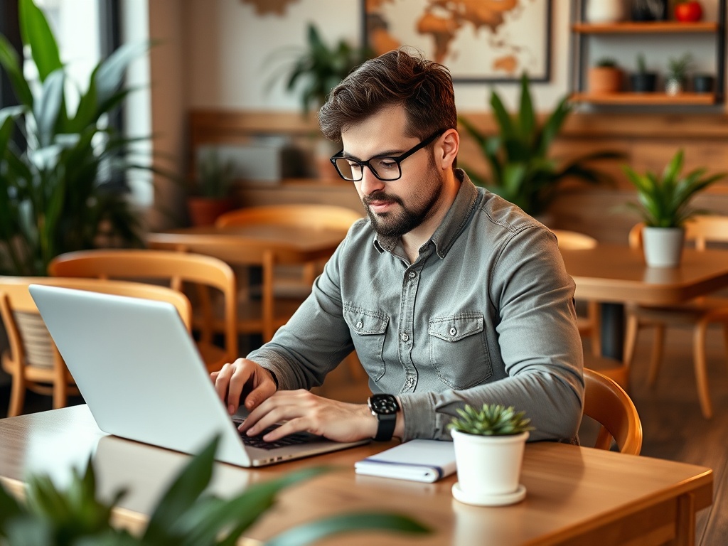 Bărbat lucrând pe laptop într-un café, înconjurat de plante și un decor modern.